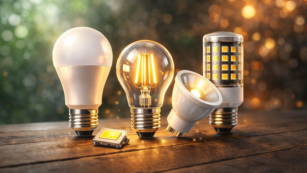Different LED bulb types displayed on a wooden table