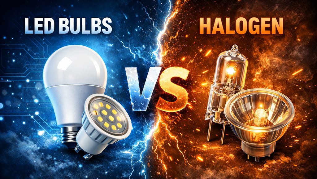 LED bulb and halogen bulb comparison side by side