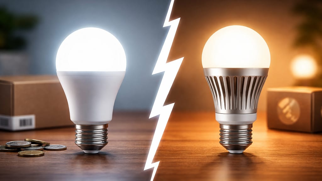 Cheap vs premium LED bulb comparison with two different bulb designs