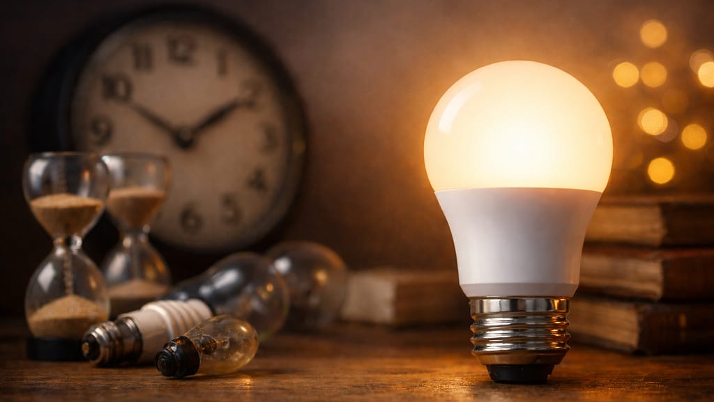 LED bulb glowing beside an hourglass and clock symbolizing bulb lifespan over time