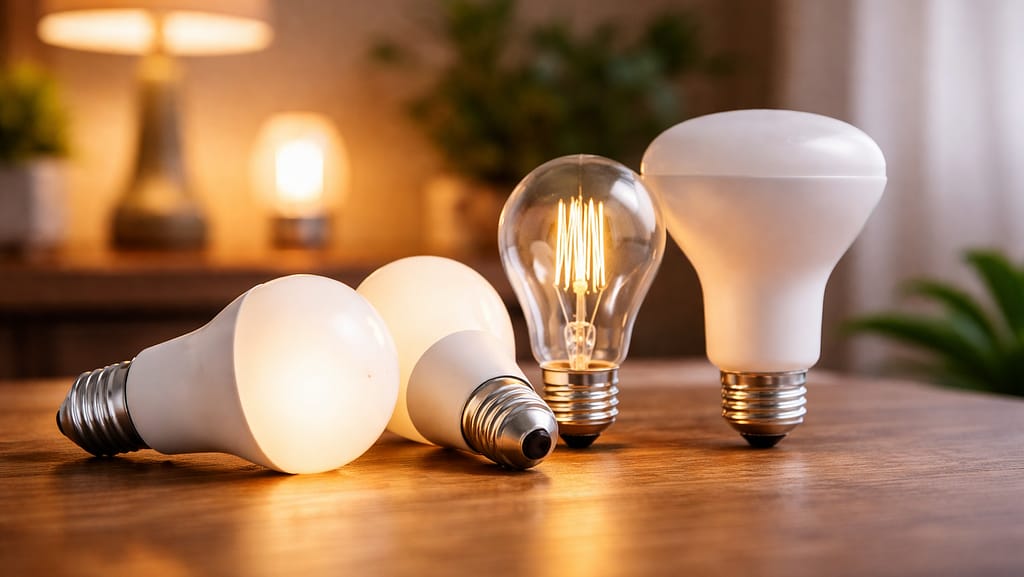 Flicker-free LED bulbs arranged on a table to represent smooth and comfortable lighting