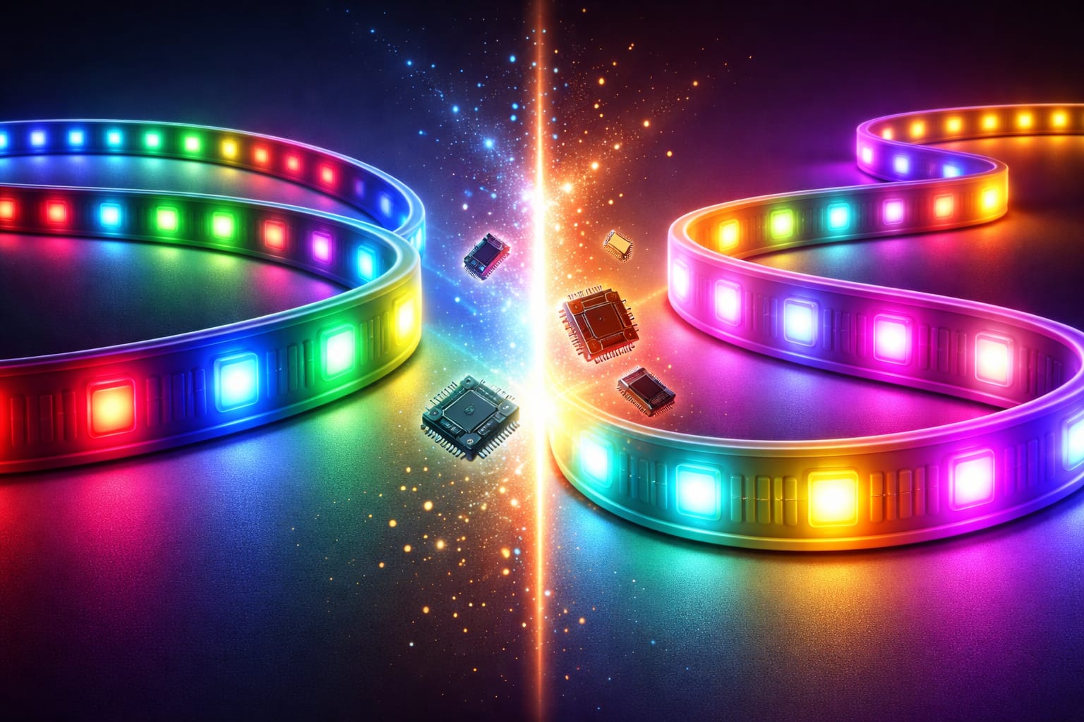 RGB vs RGBIC LED strip comparison showing one-color output and multi-color segmented effects