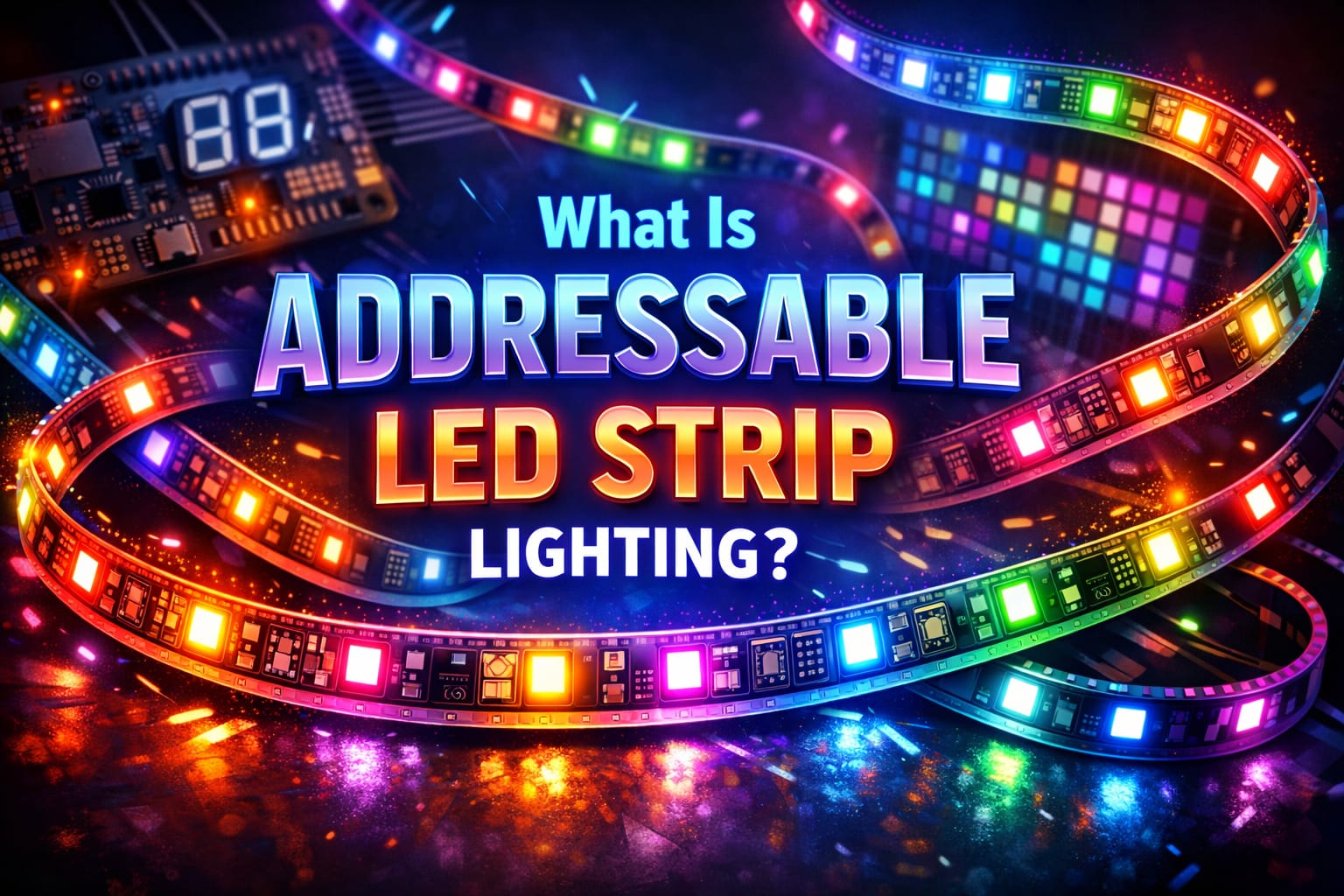 RGB addressable LED strip lights with individually controllable LEDs and a microcontroller