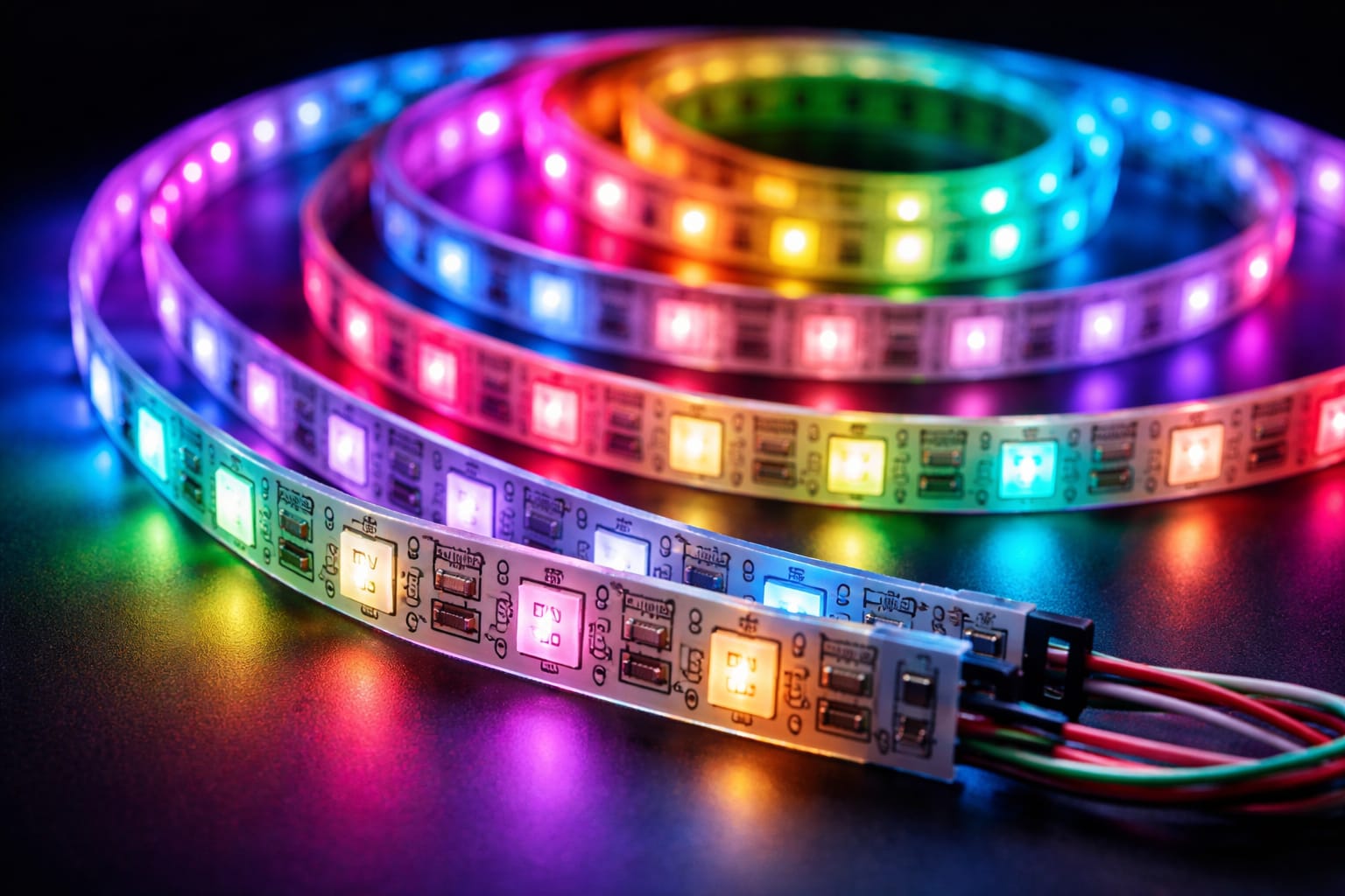 Individually addressable LED strip lights with programmable RGB lighting and vivid color effects