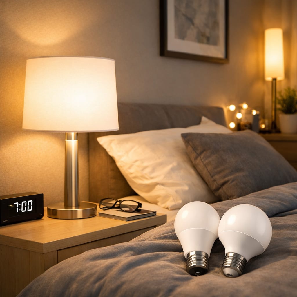 Cozy bedroom lit by warm LED bedside lamp with dimmable soft light