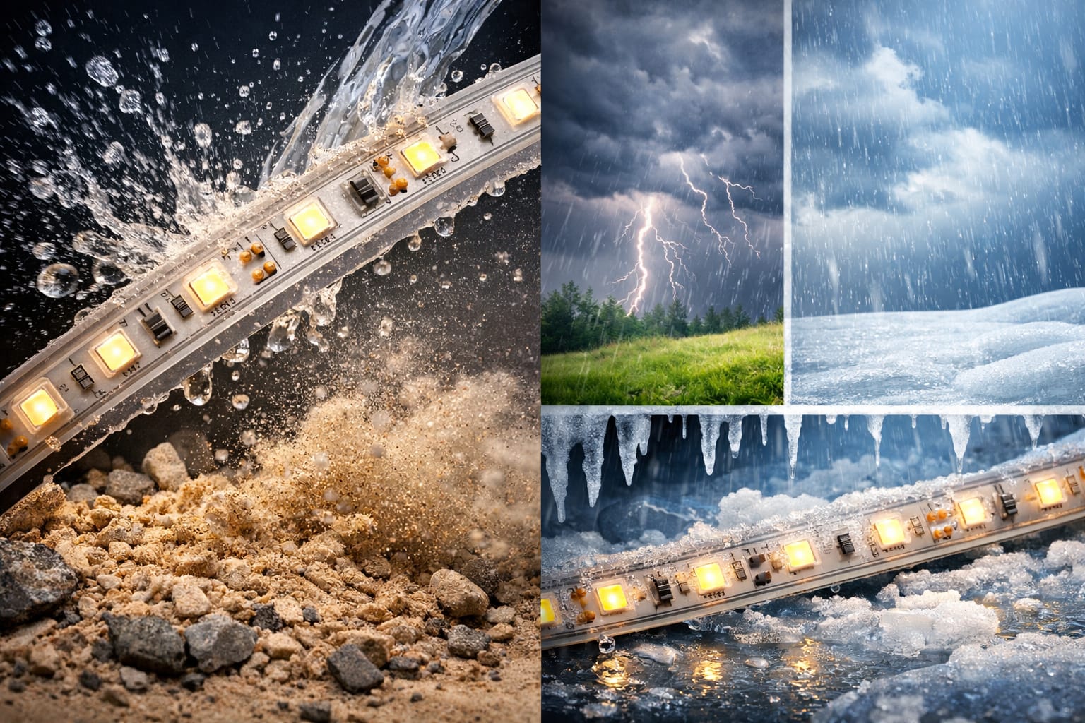 Waterproof IP rating for LED strips exposed to water, dust, rain, and ice showing IP protection levels
