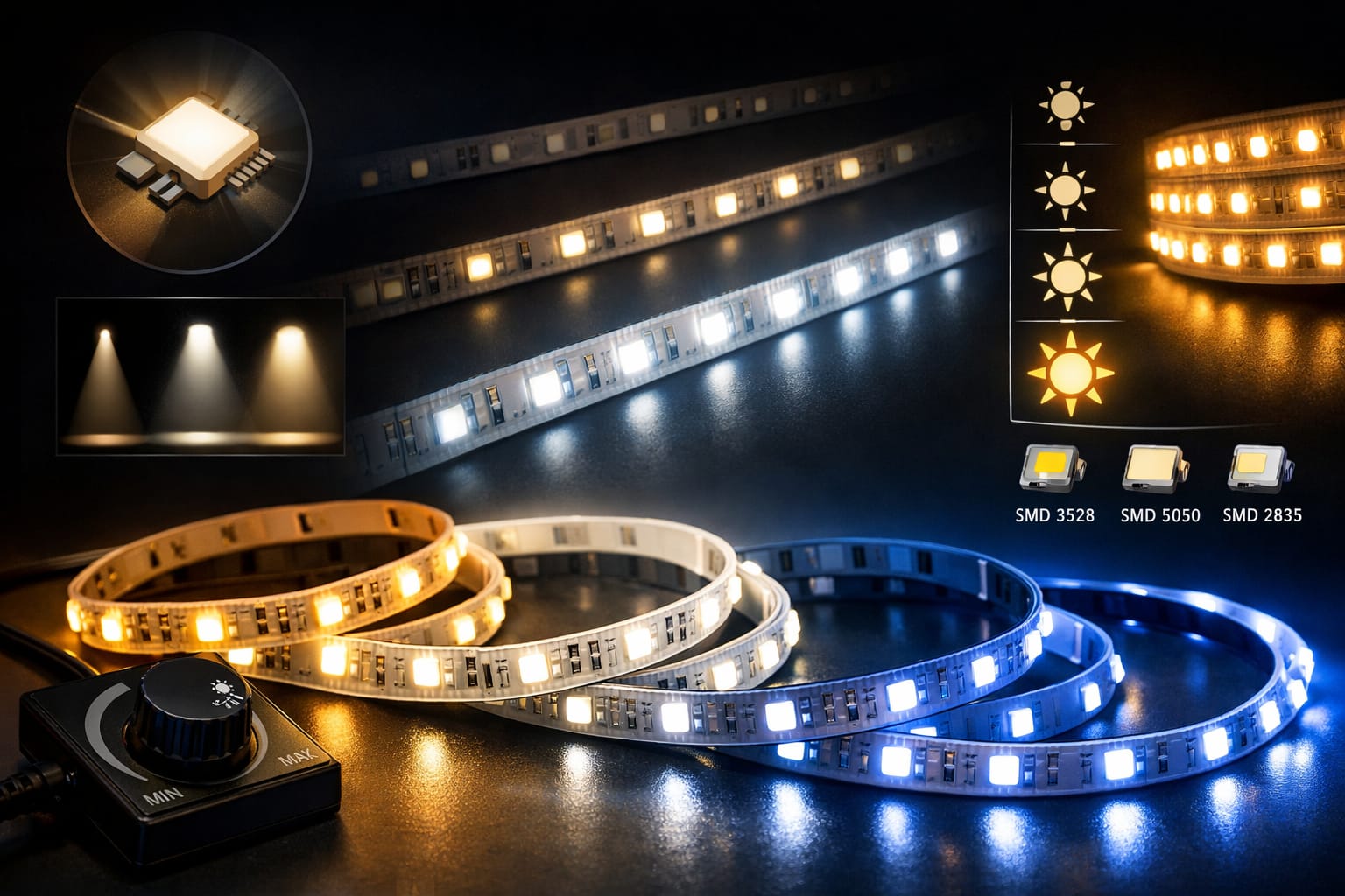 LED strip lights showing different brightness levels and light output
