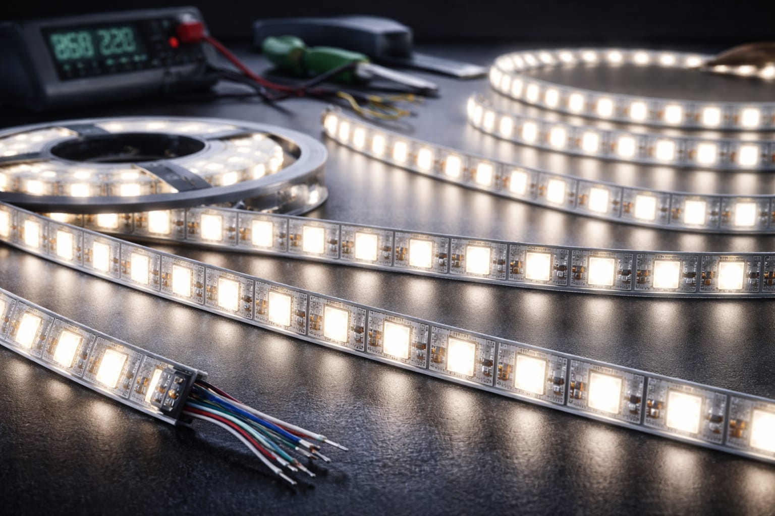 High-brightness LED strip lights on a workbench