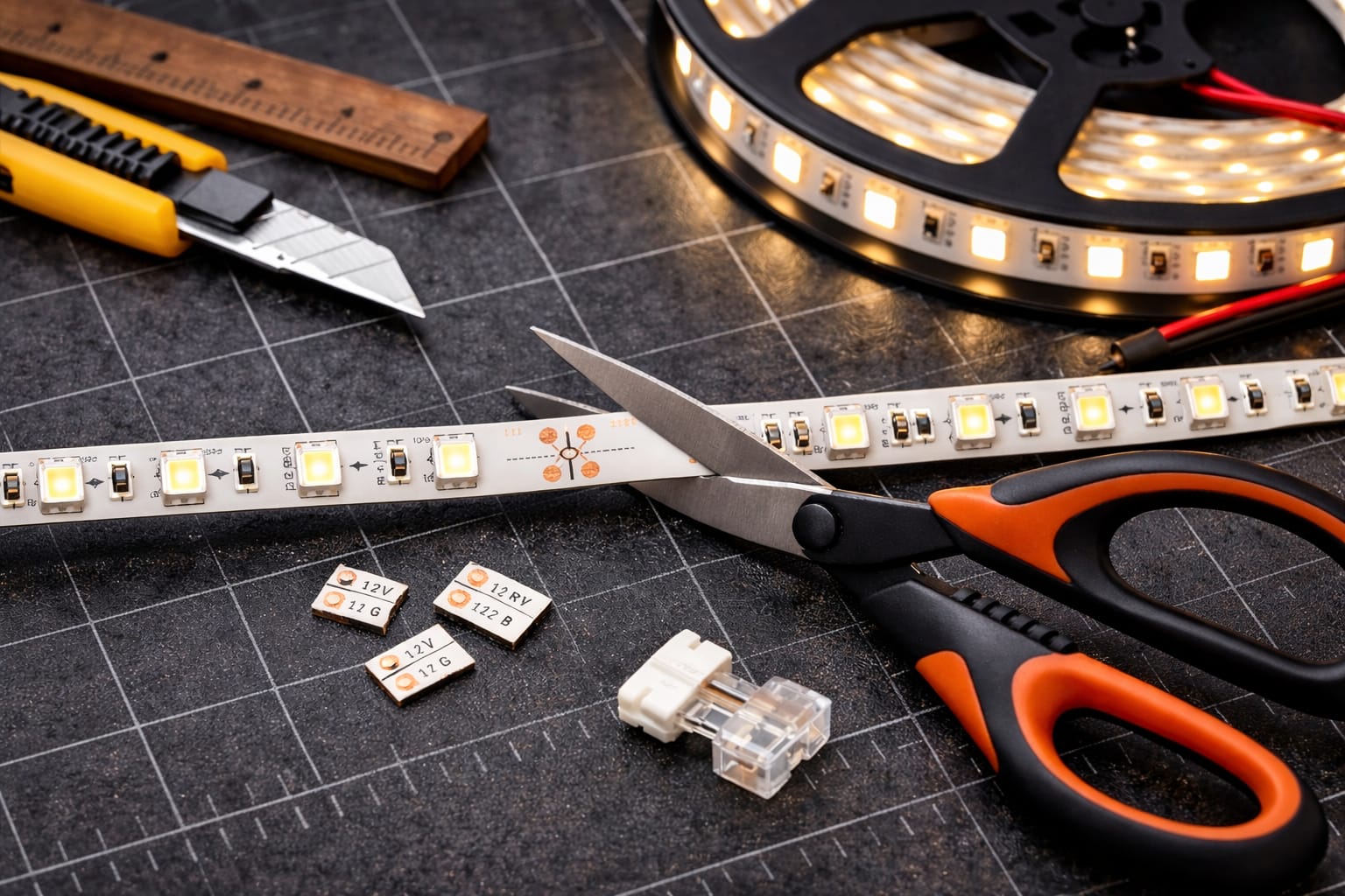 Using scissors to cut an LED strip light at the marked cut point