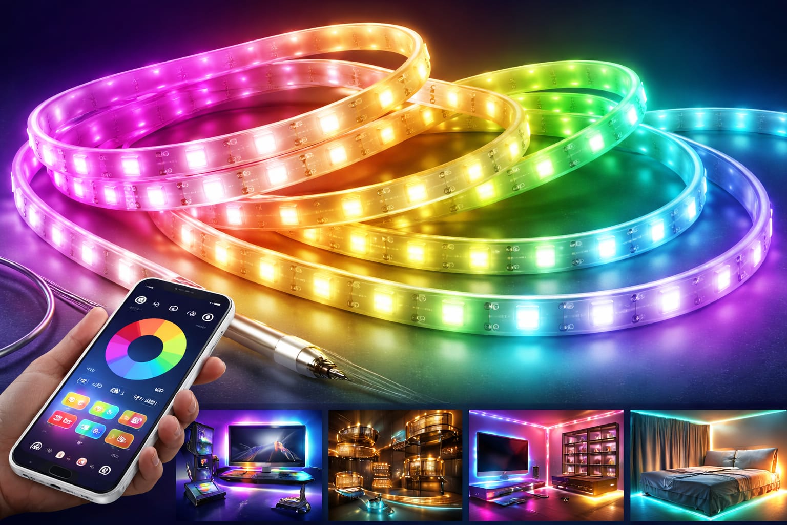 LED strip lights with RGB and ambient lighting effects for home setups