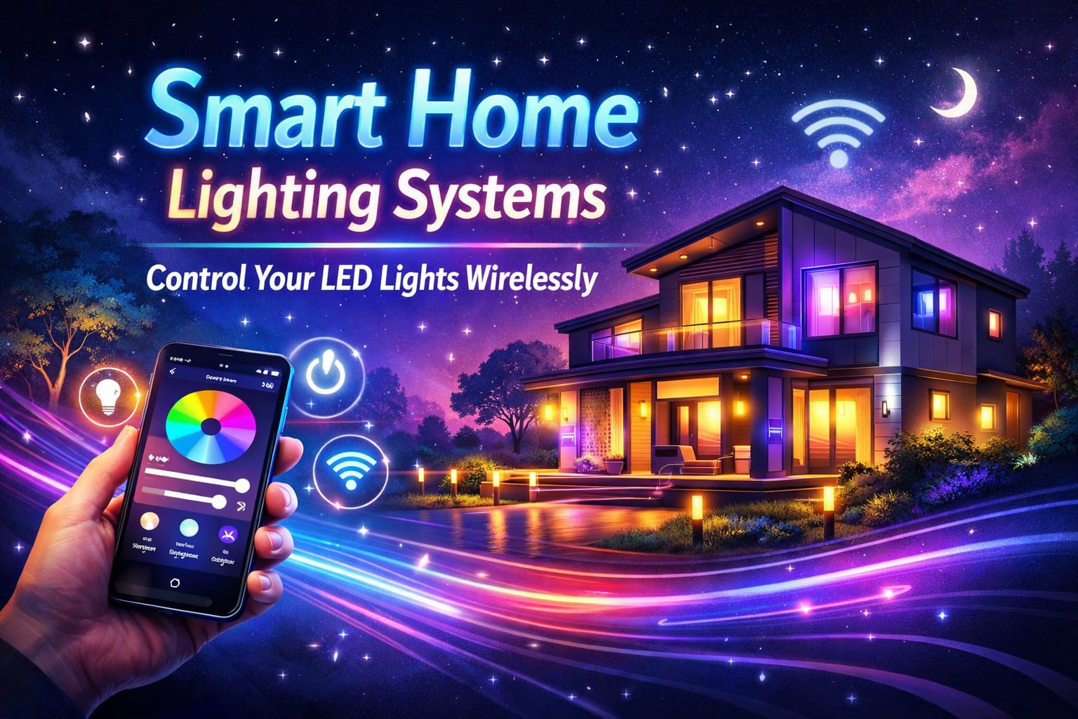 Smart home lighting category hub showing app control and wireless LED lighting