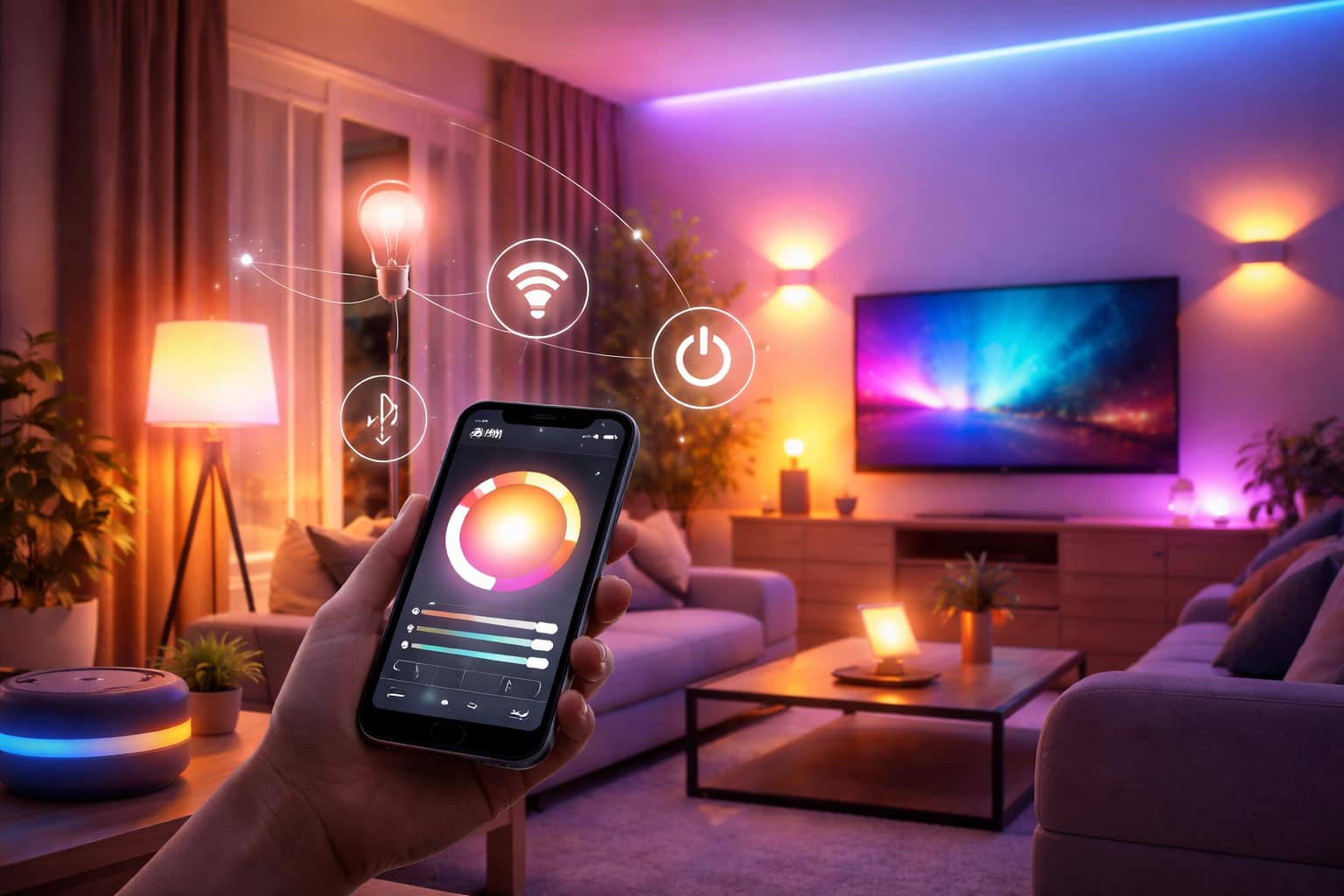 Smart home lighting control system with wireless LED lights and room automation