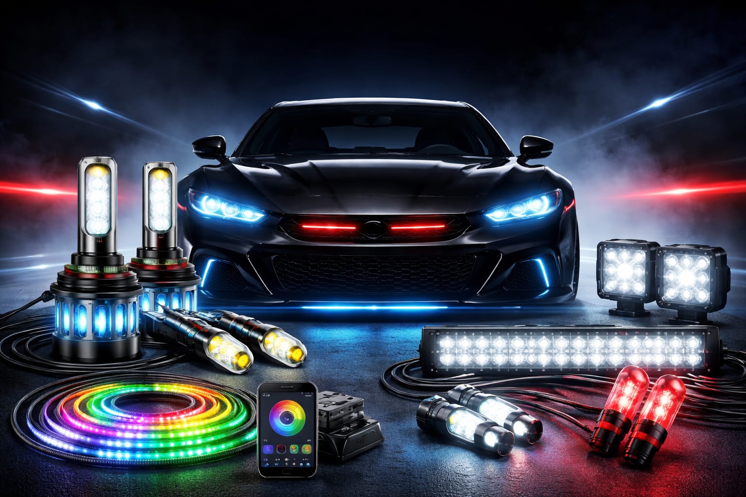 Car LED accessories with headlights, interior lighting, and styling upgrades