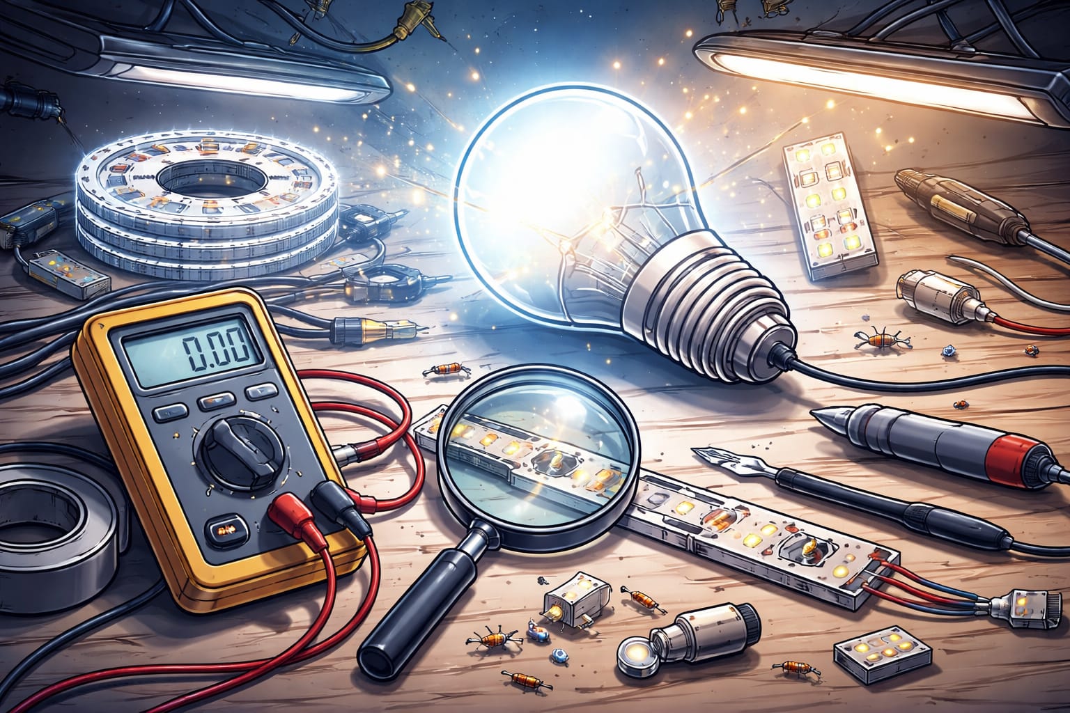 LED troubleshooting guides for damaged strip lights, wiring, and diagnostic tools