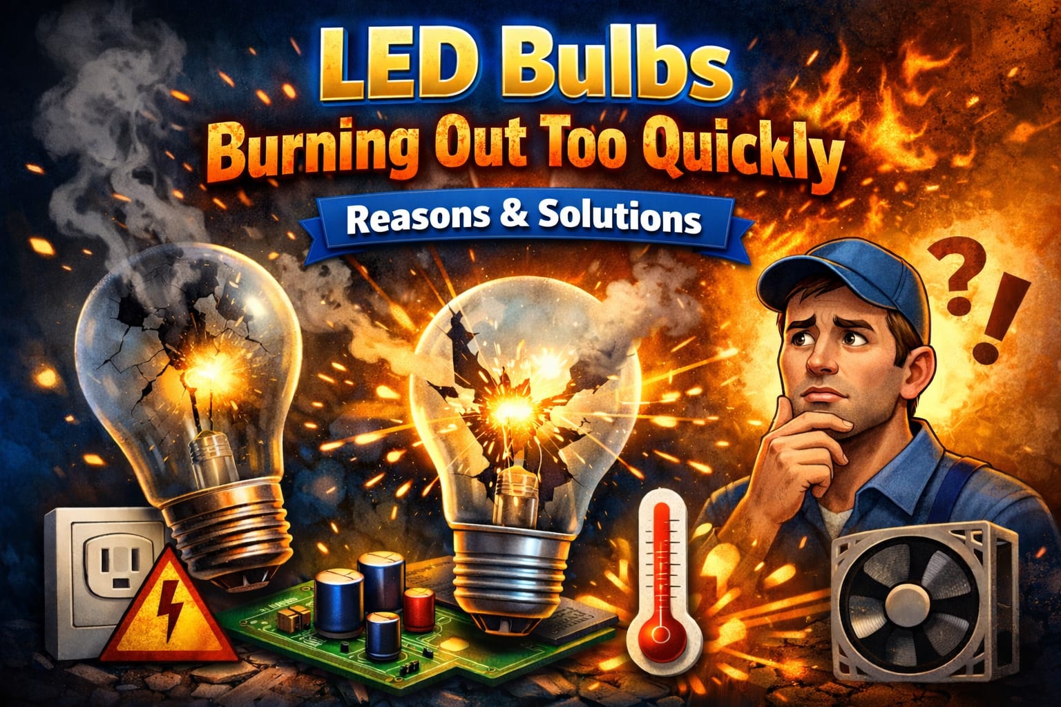 LED bulbs burning out illustration showing overheating and electrical failure problems