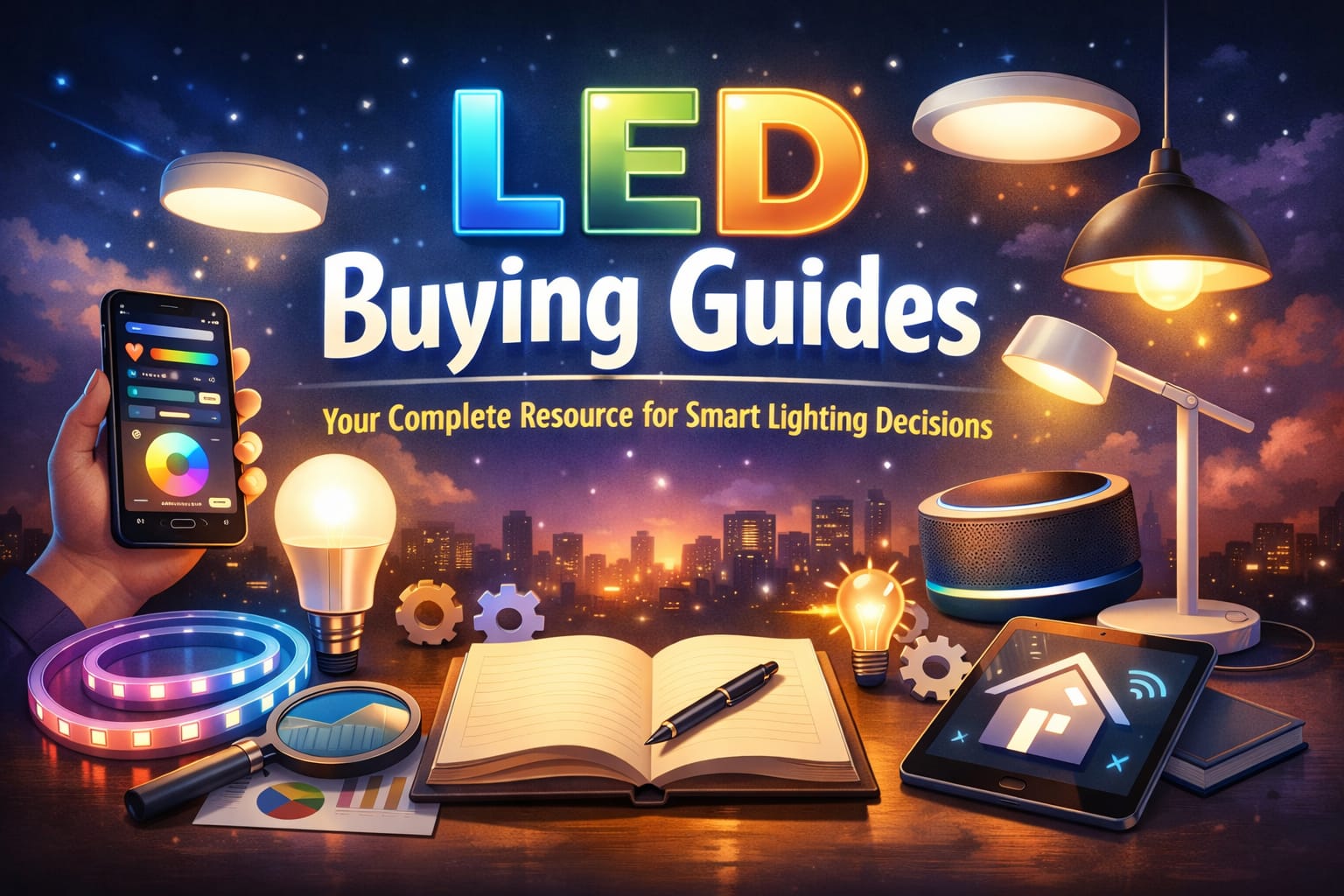 LED buying guides category hub with bulbs, smart lighting, and comparison topics