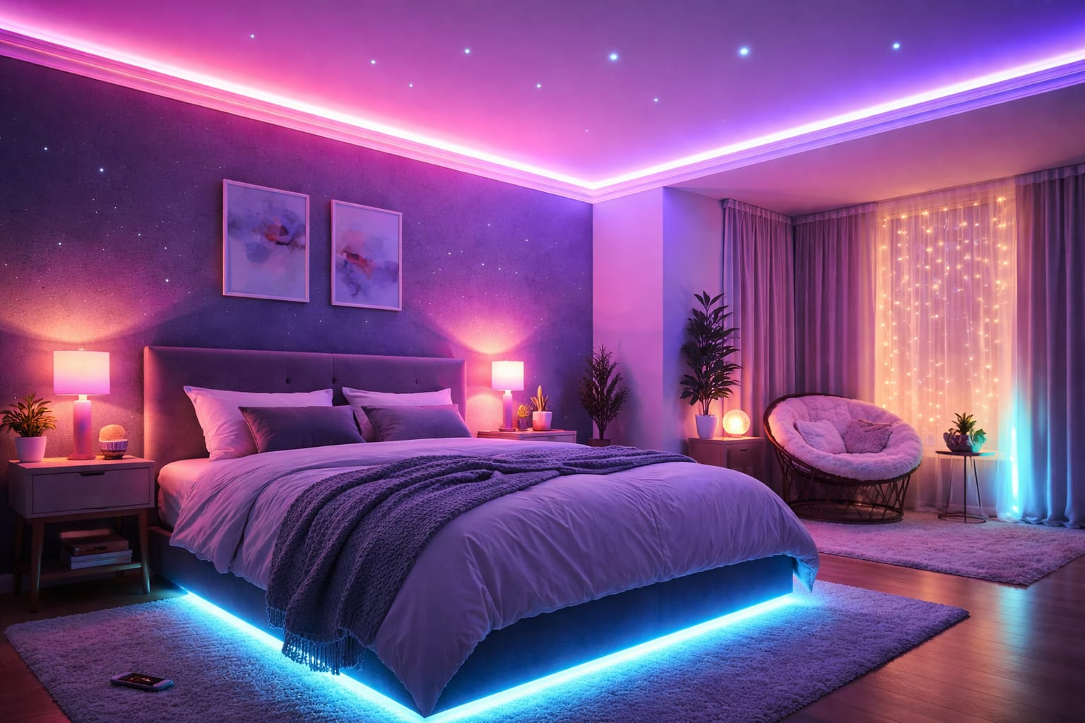 Best LED lights for bedroom with layered ambient lighting and cozy bed setup