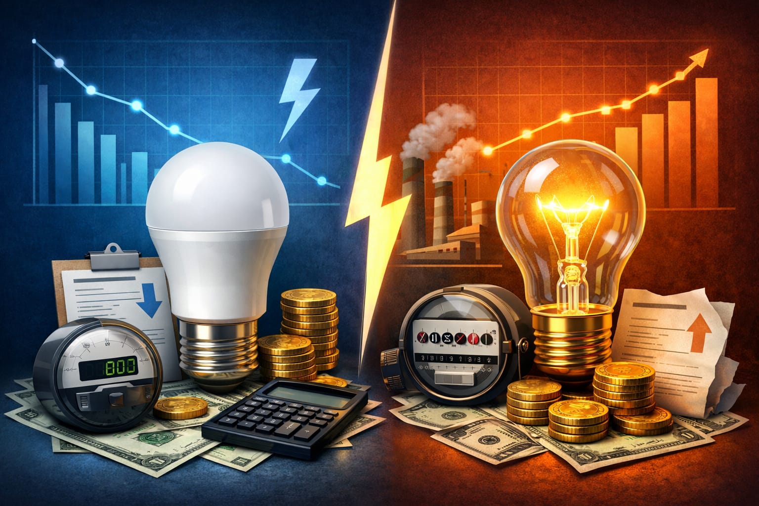 LED and incandescent electricity cost comparison showing power use and savings over time