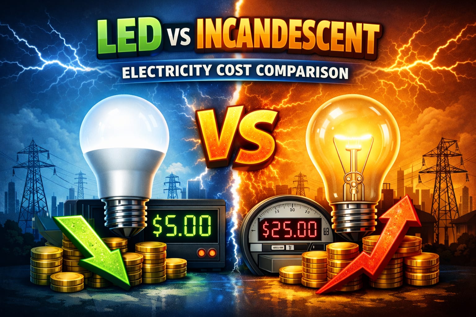LED vs incandescent electricity cost comparison showing power use and energy savings