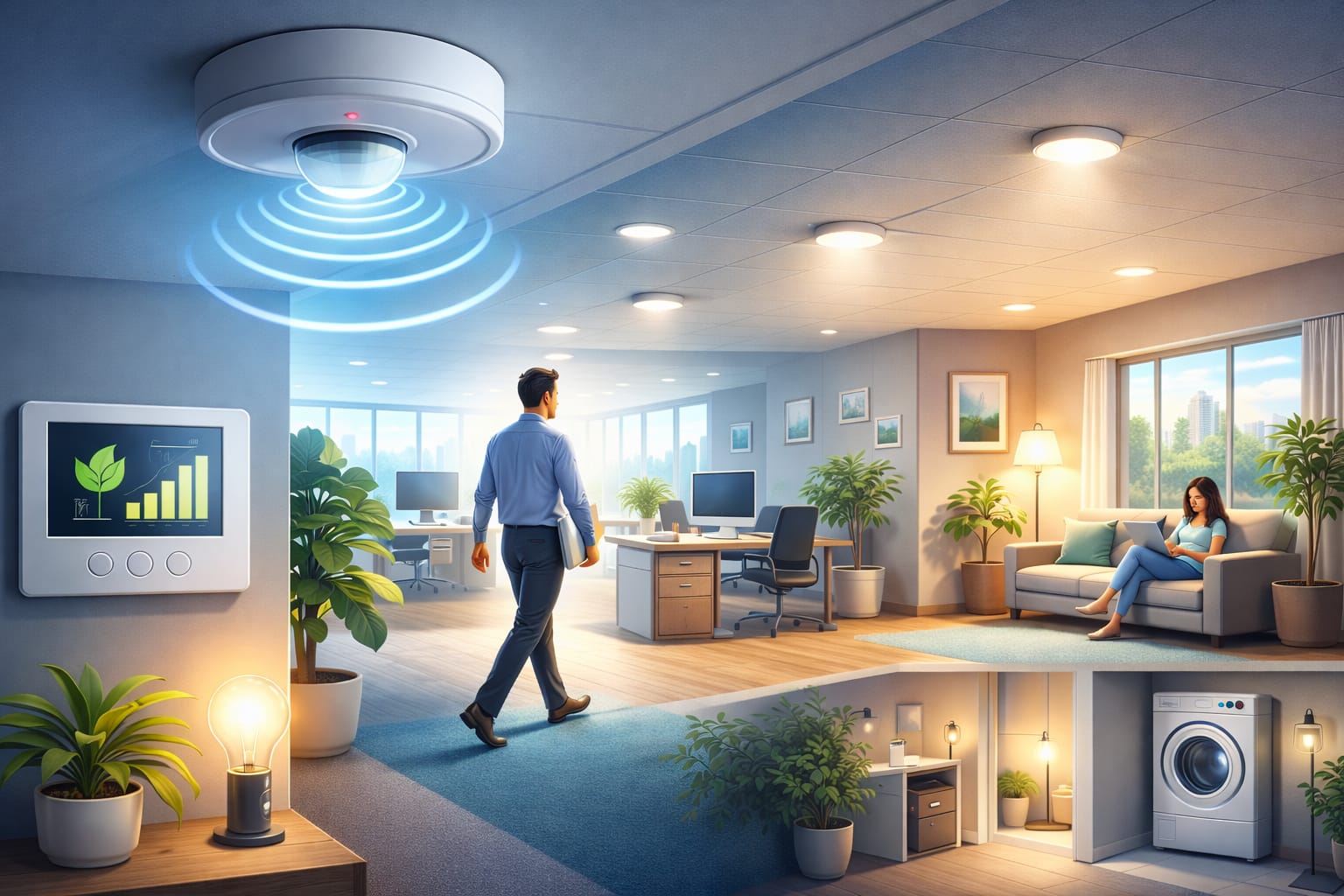 Motion sensors positioned to activate LED lighting across a modern home and office interior.