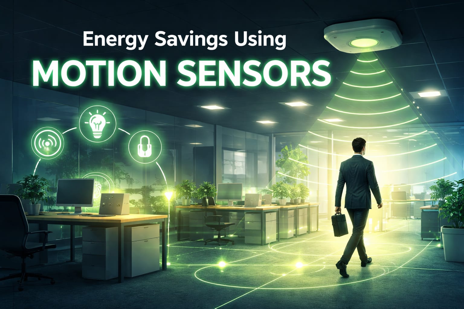 Motion sensor lighting turning on automatically in a modern office workspace.