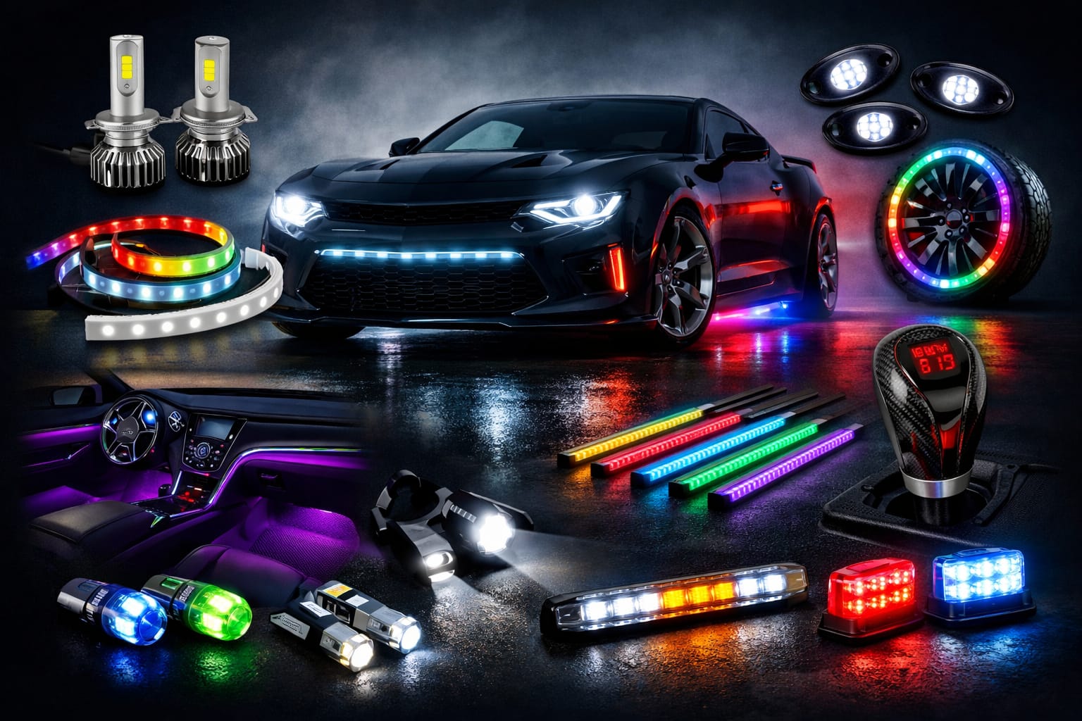 LED car lighting upgrades with colorful LED accessories and interior ambient lighting