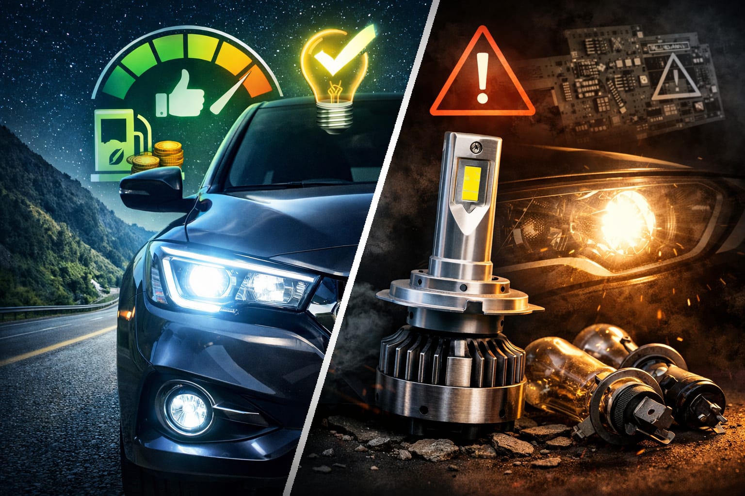 LED lights for cars headlights comparison showing modern LED lighting and traditional bulbs