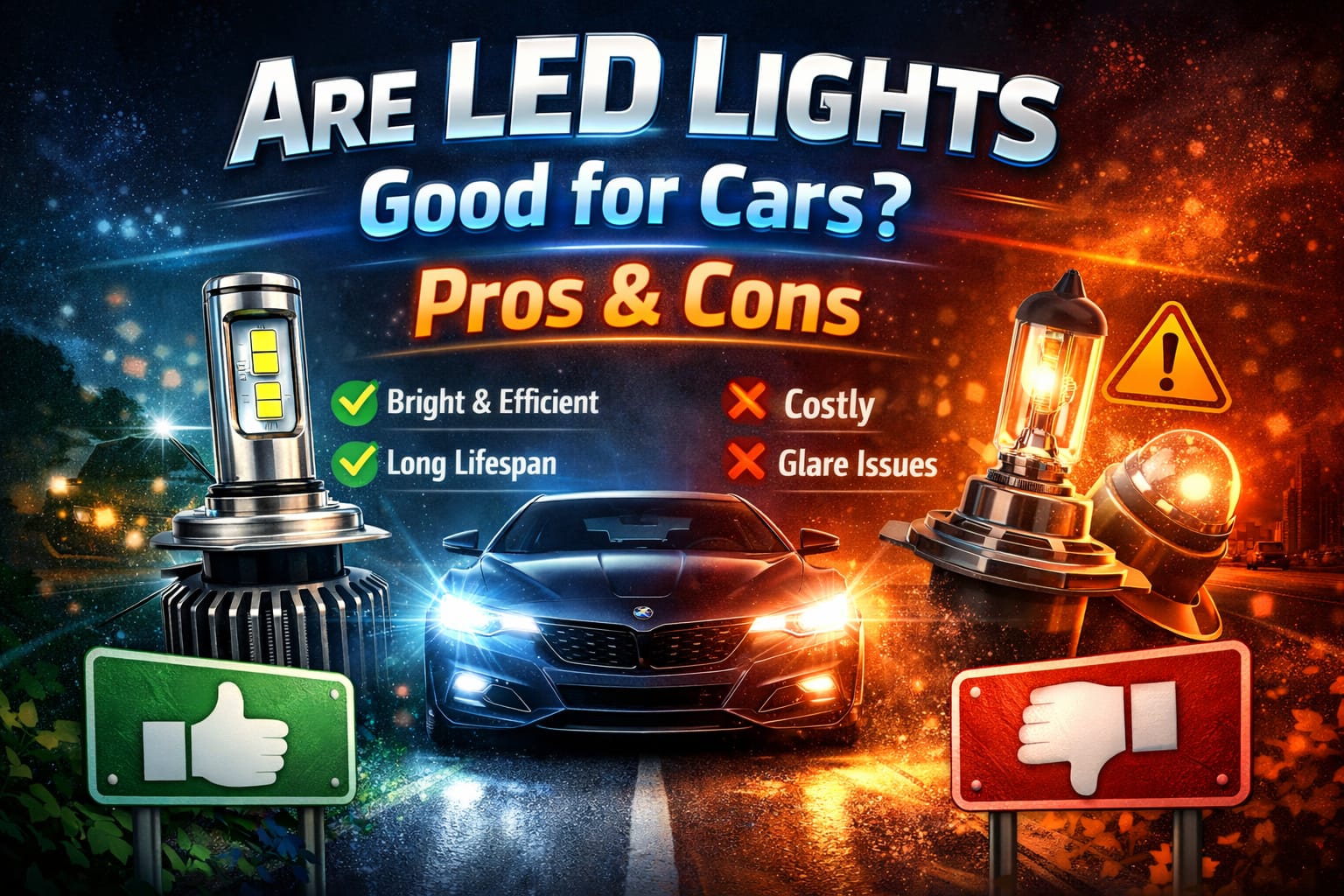 LED lights for cars headlights comparison showing pros and cons of LED lights for vehicles