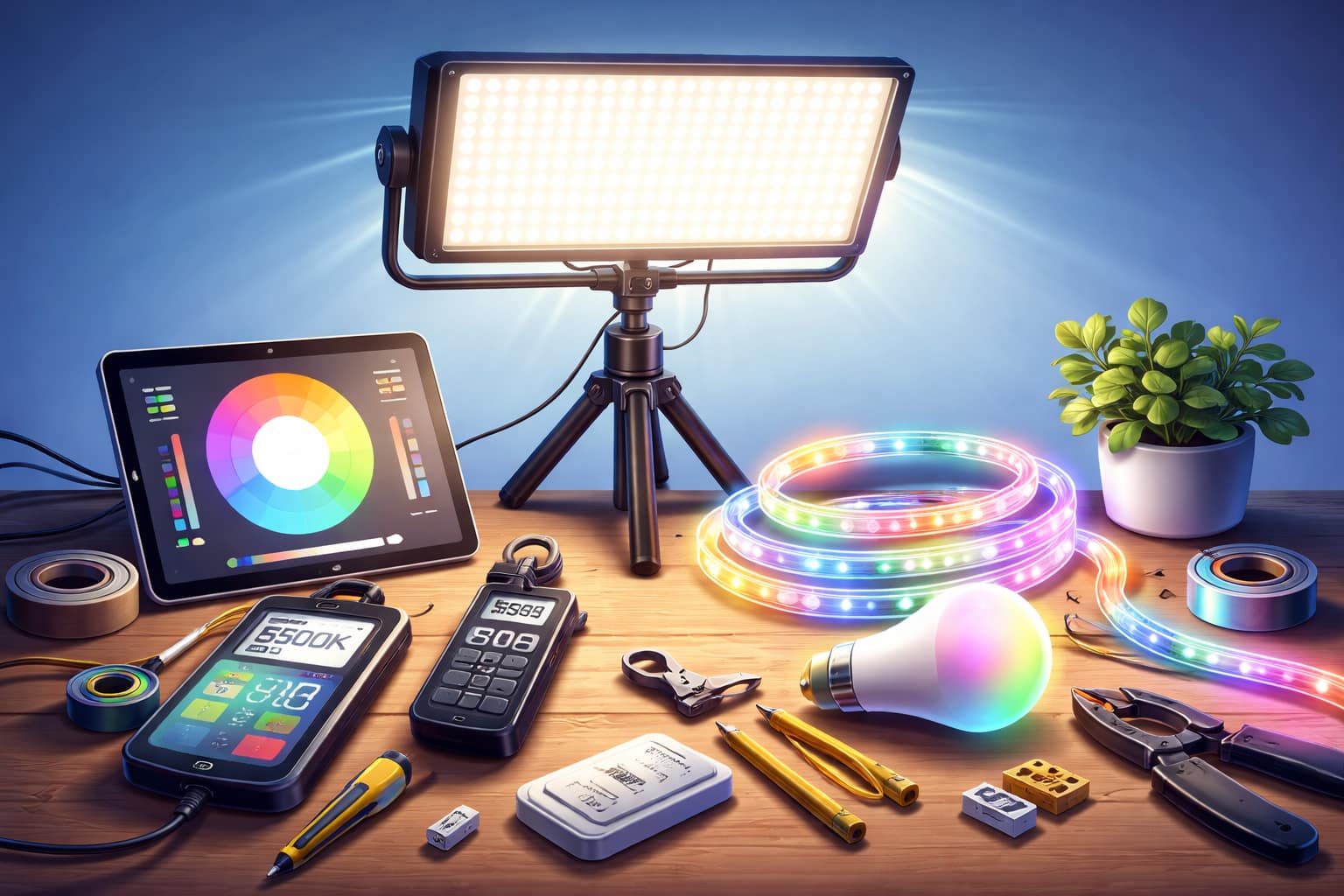 Lighting guides for LED dimming, placement, and workspace setup