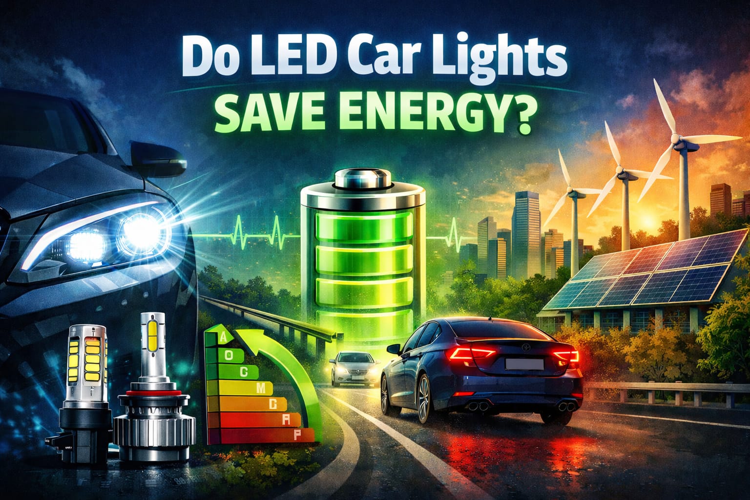 Do LED car lights save energy, power consumption and efficient automotive lighting concept
