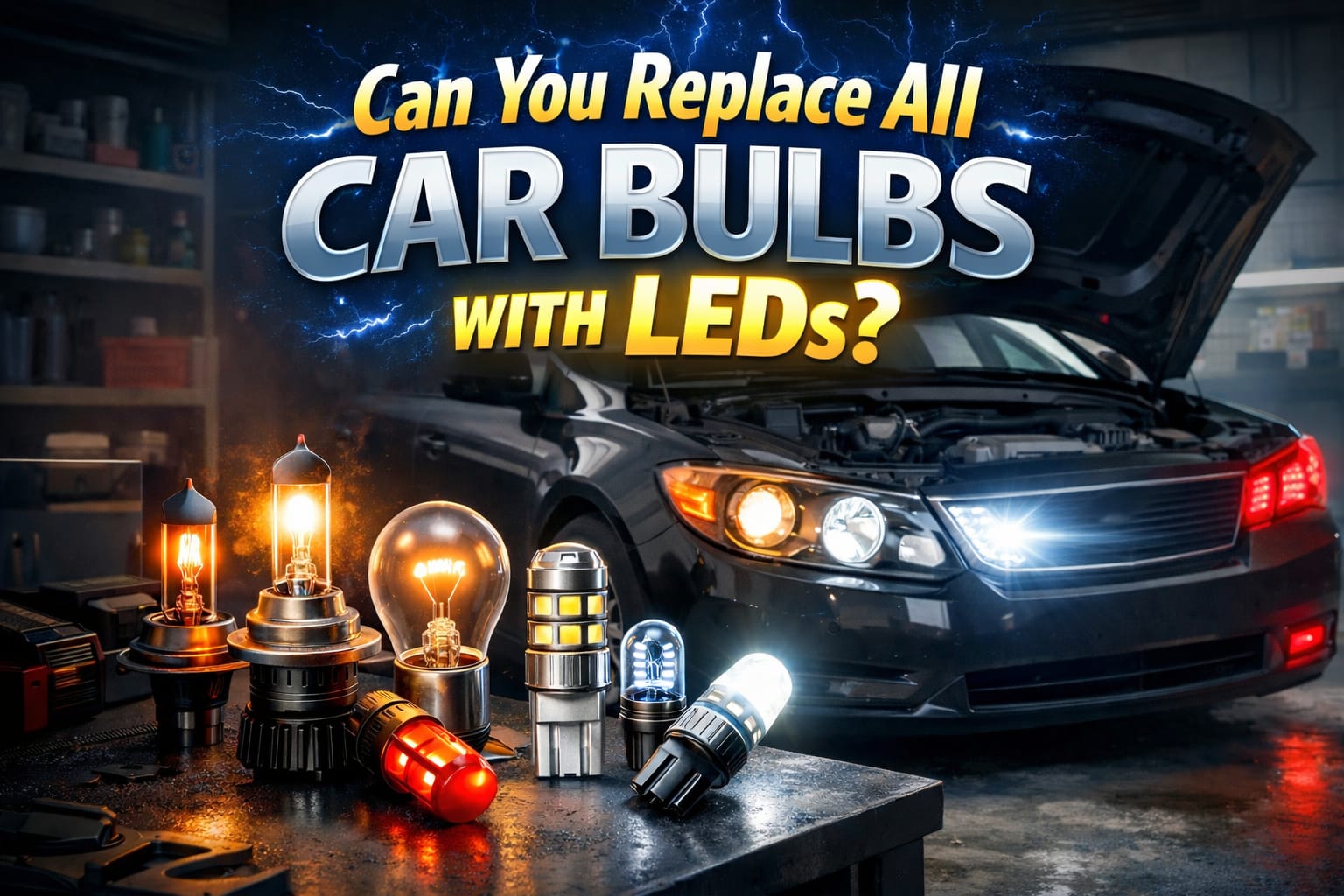 Car LED bulbs vs halogen bulbs comparison in garage. Replace car bulbs with LEDs