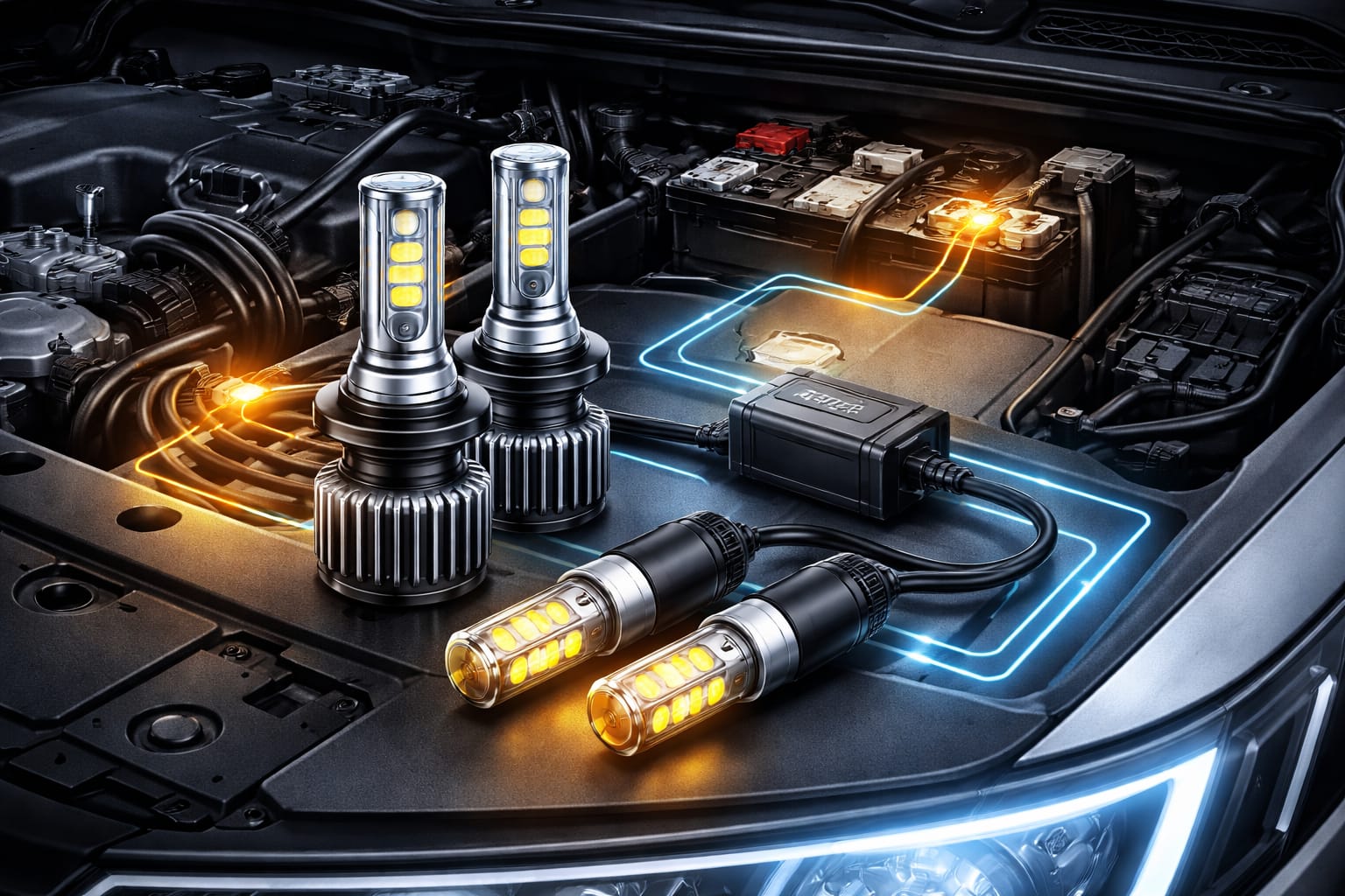 LED bulb installed with decoder hardware inside a vehicle headlight housing