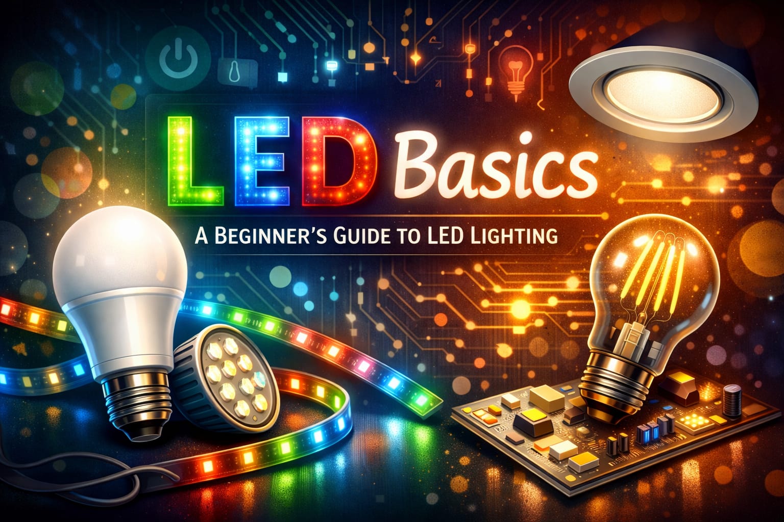 LED basics category hub with bulbs, strip lights, and lighting technology guides