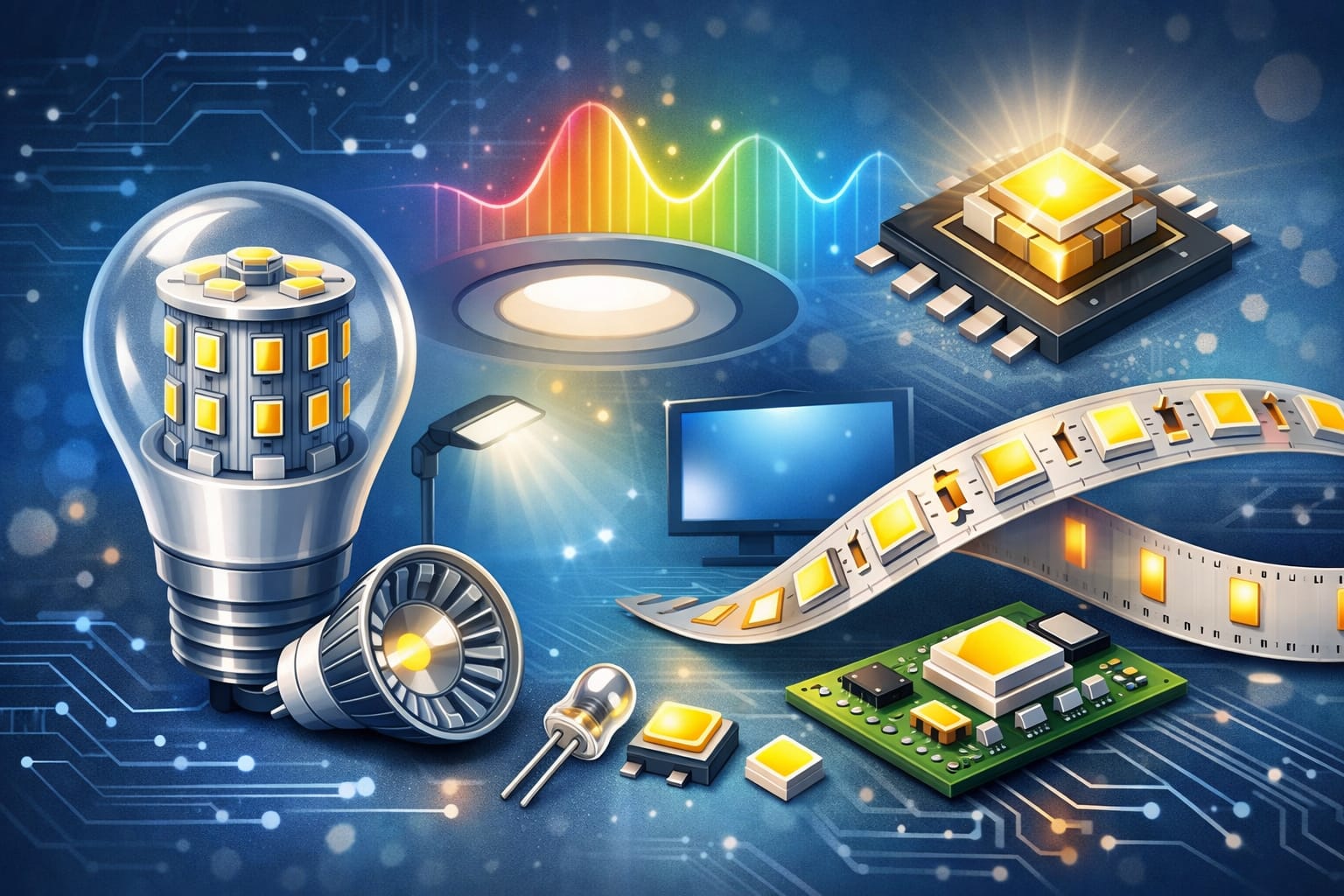LED basics guides showing bulbs, strip lights, and technology components