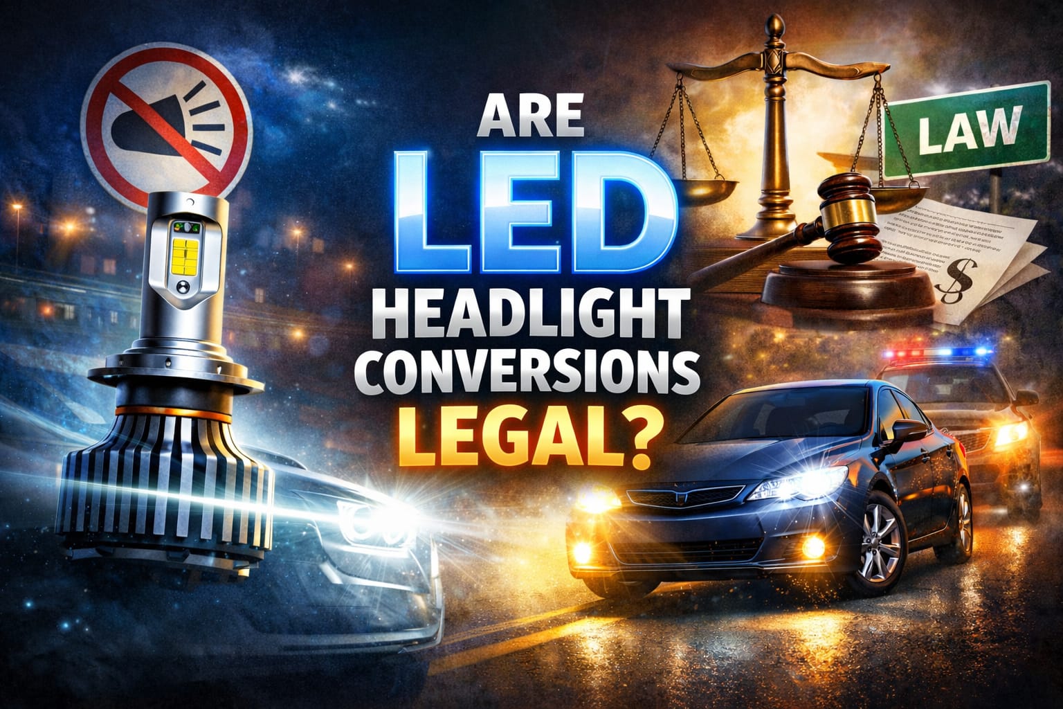 LED headlight conversions legal legality concept with car headlights at night and legal symbols