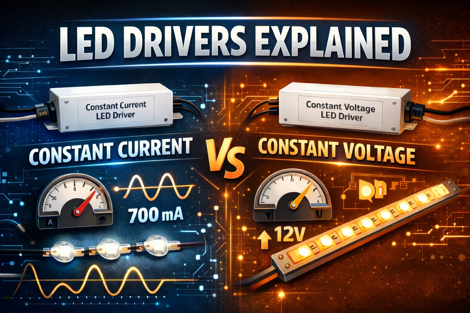LED drivers explained comparison showing constant current vs constant voltage LED driver with LED strip and current meter diagram