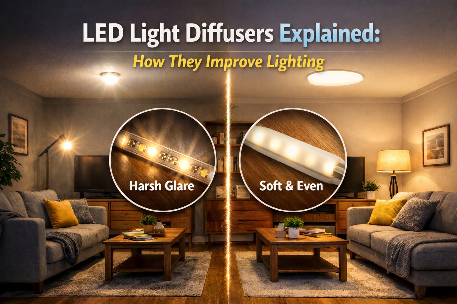 LED light diffusers comparison showing harsh LED glare vs soft diffused lighting