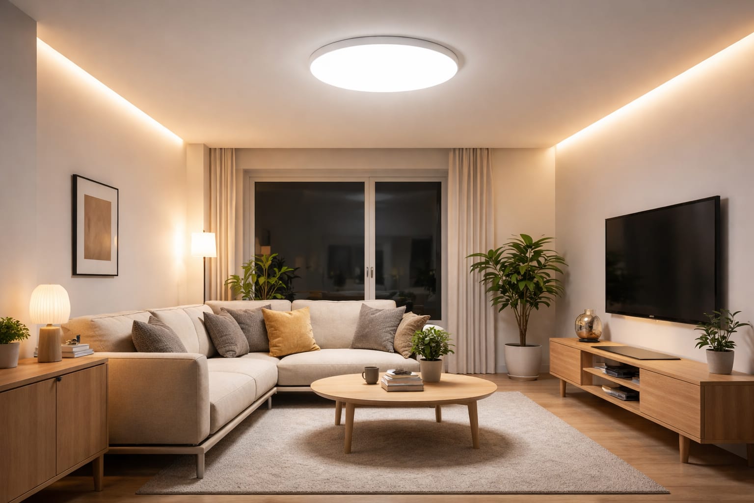 LED ceiling light with diffuser creating soft even lighting