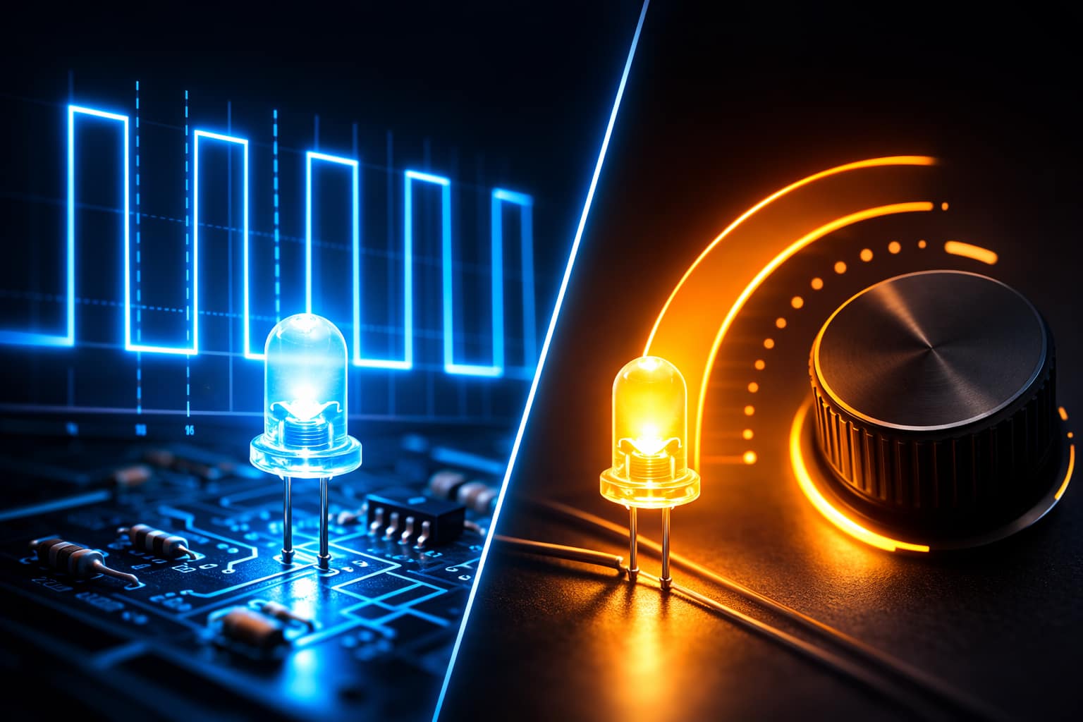 PWM vs analog dimming comparison with electronic circuit and dimmer control knob