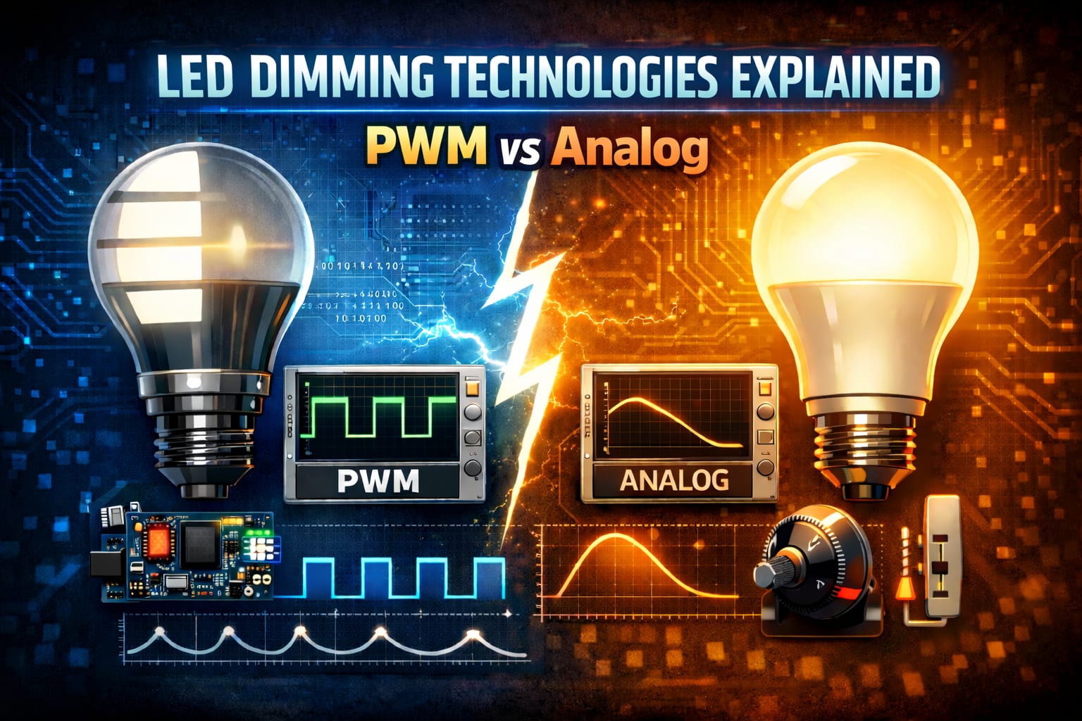 PWM vs analog dimming comparison diagram showing waveform differences for LED brightness control