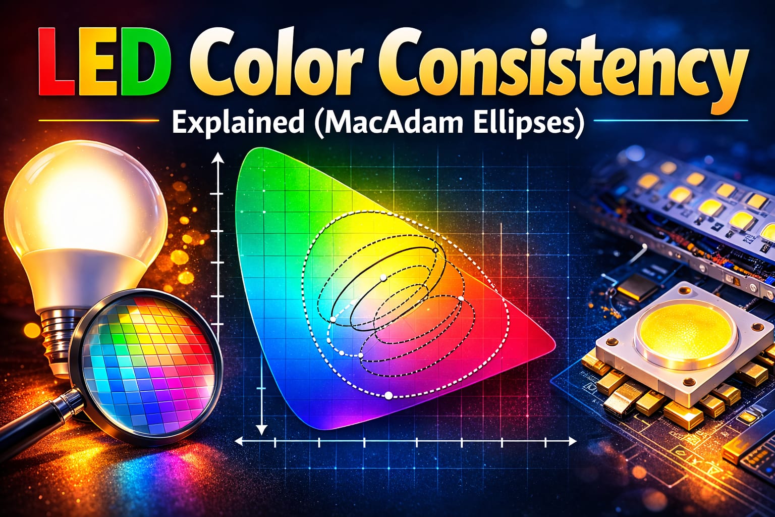 MacAdam ellipses on a CIE chromaticity chart showing LED color consistency zones