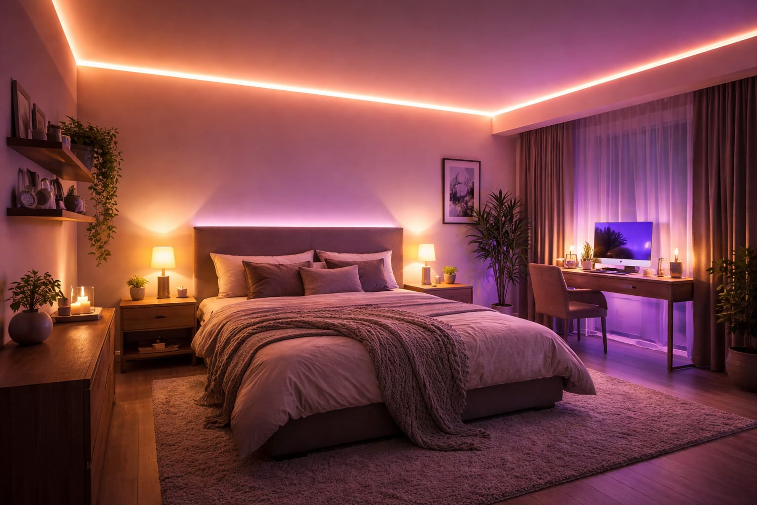 Warm LED strip lighting installed along bedroom ceiling for cozy relaxing atmosphere
