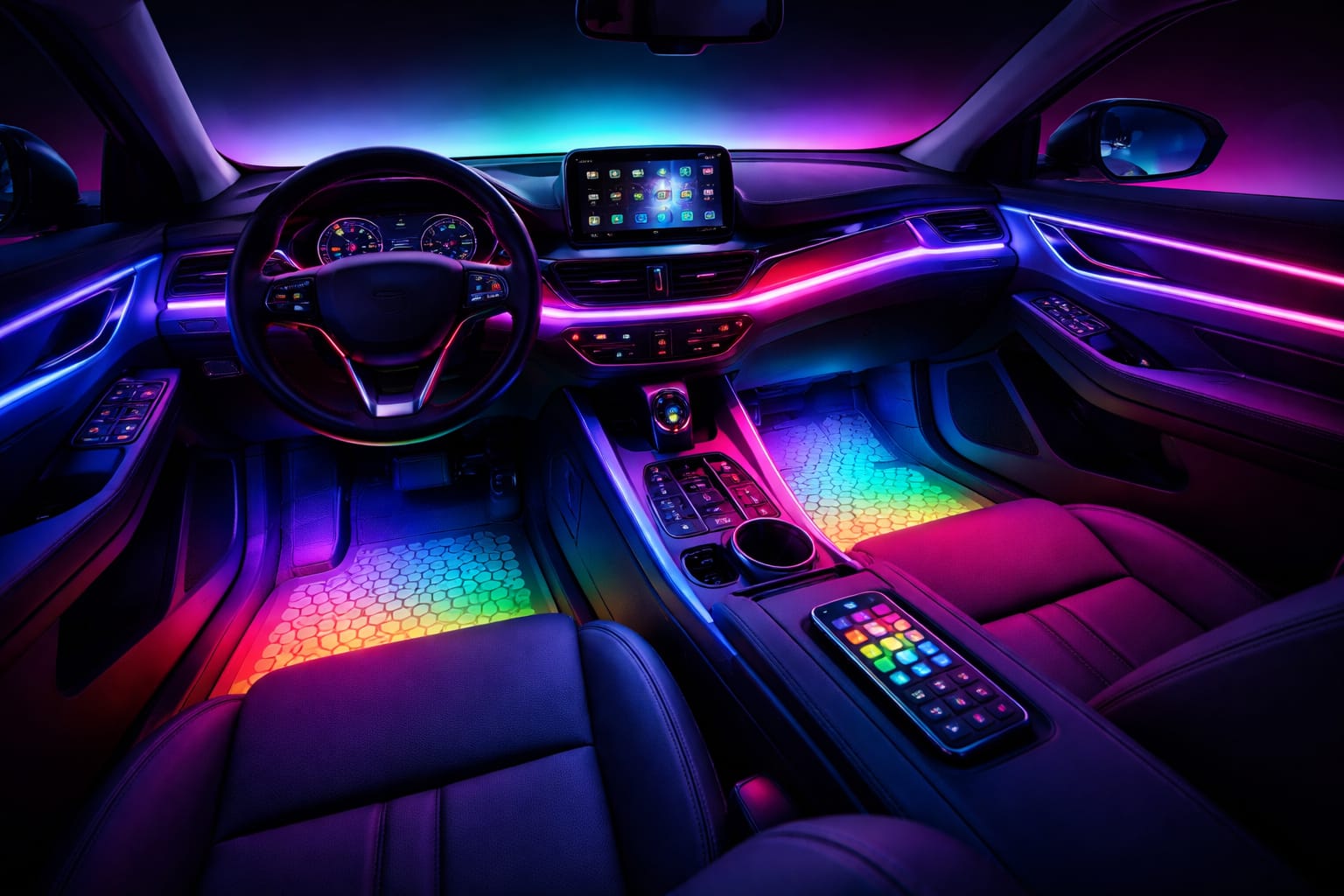 car interior ambient lighting with vibrant LED strips and modern dashboard setup