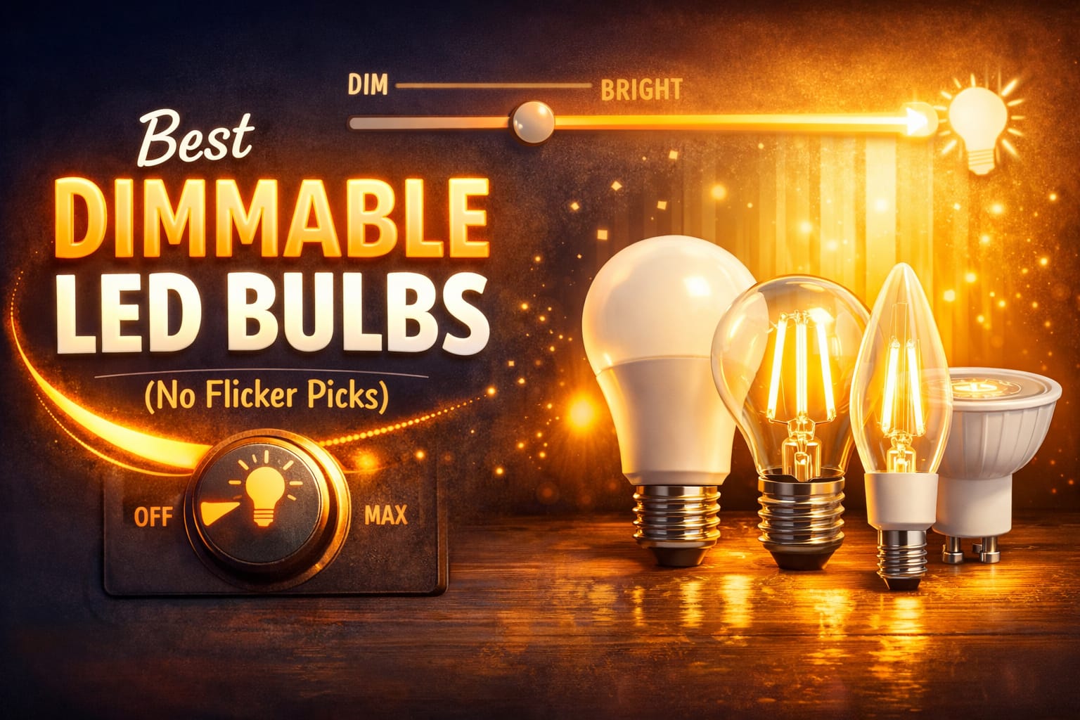 flicker-free dimmable LED bulbs shown with brightness slider and warm room lighting