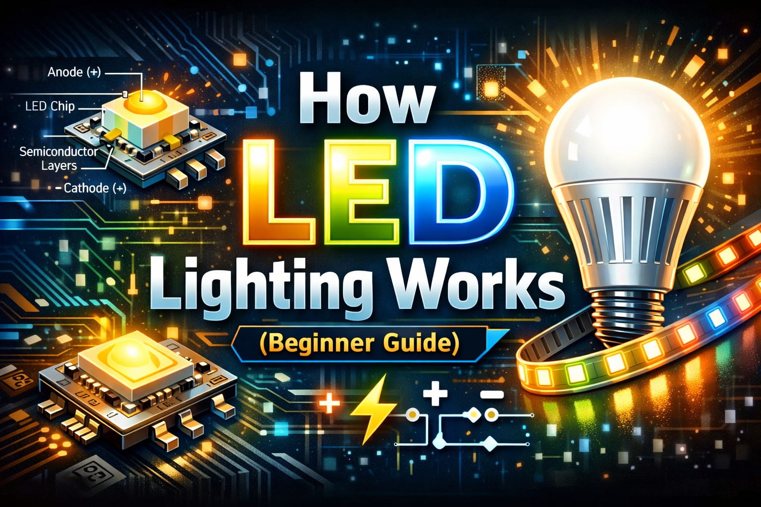 How LED lighting works diagram with semiconductor diode process inside a bulb