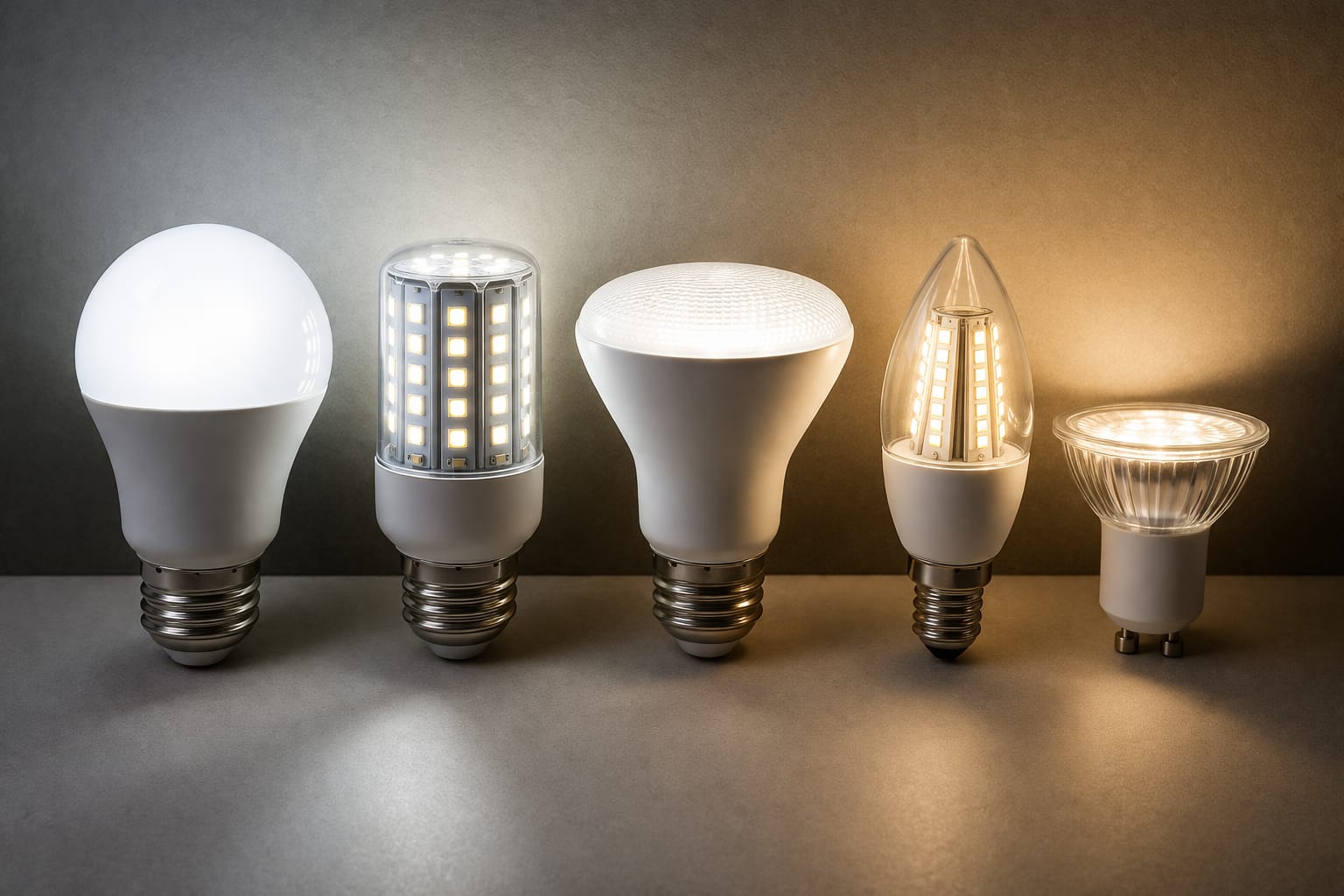 Different LED bulb types lined up showing brightness levels and design variations