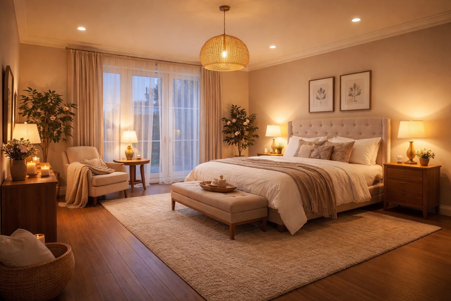 Warm white LED lighting in bedroom creating relaxing and comfortable nighttime ambiance