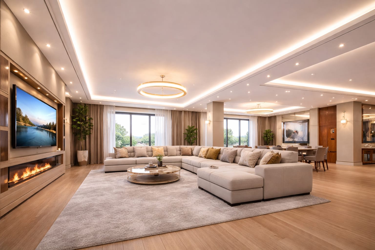 Large open living room with multiple LED ceiling lights providing balanced brightness