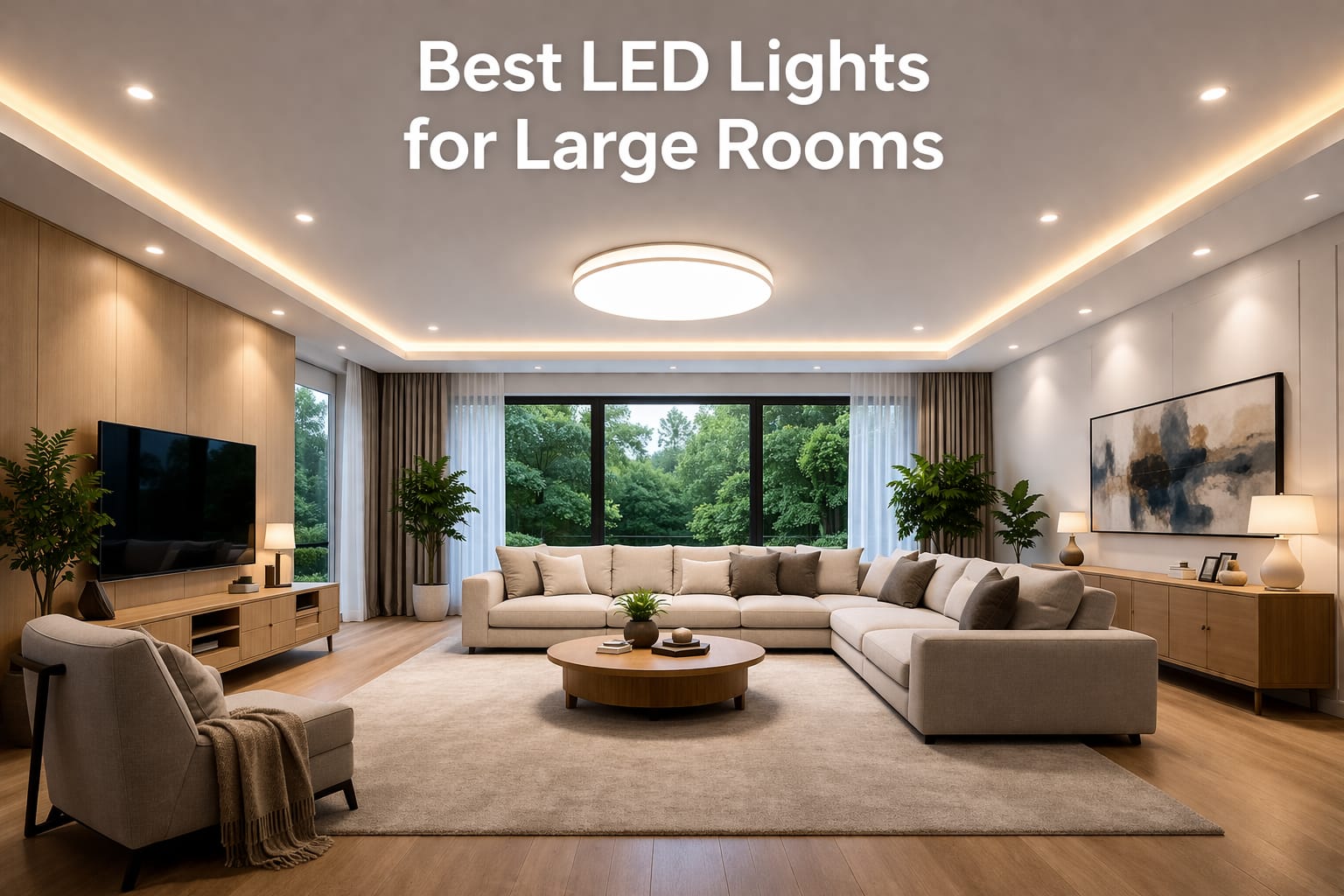 Best LED lights for large rooms illuminating a spacious living area with bright ceiling lighting
