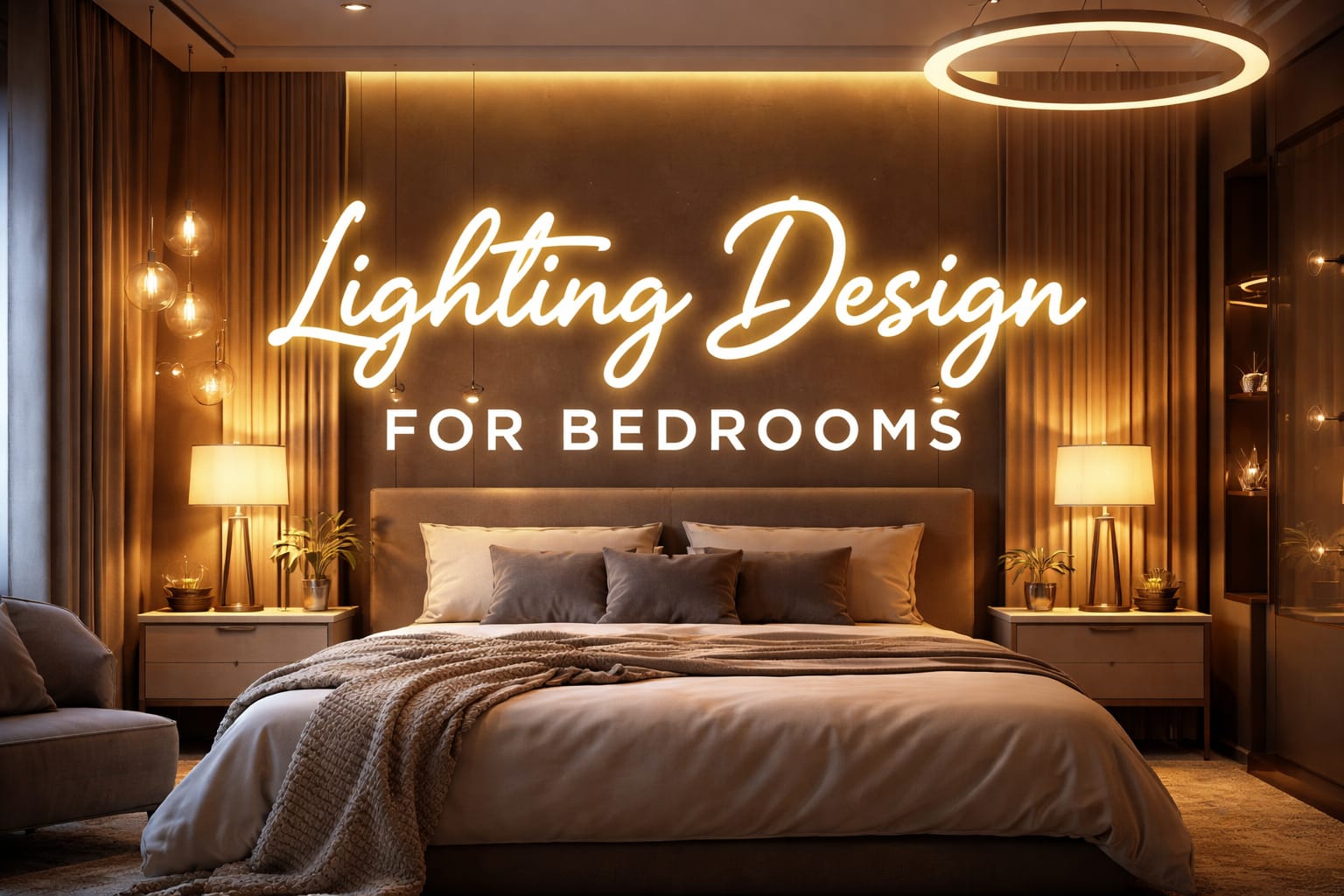 Modern bedroom lighting design with warm LED lamps and ambient ceiling light